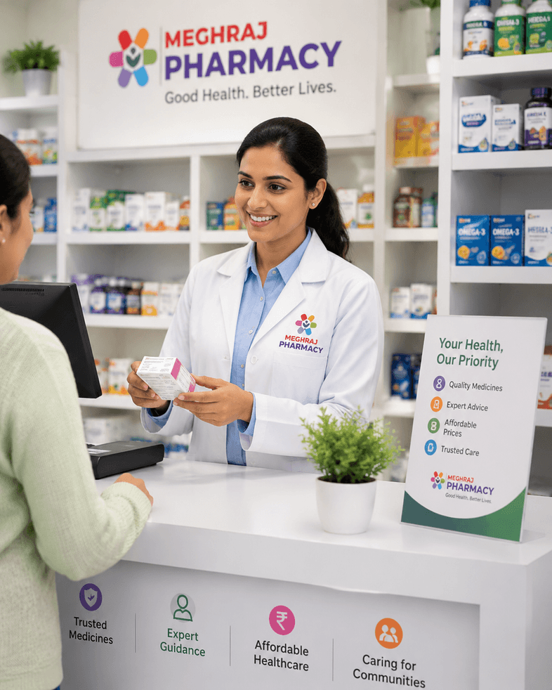 MEGHRAJ Pharmacy pharmacist consulting a customer